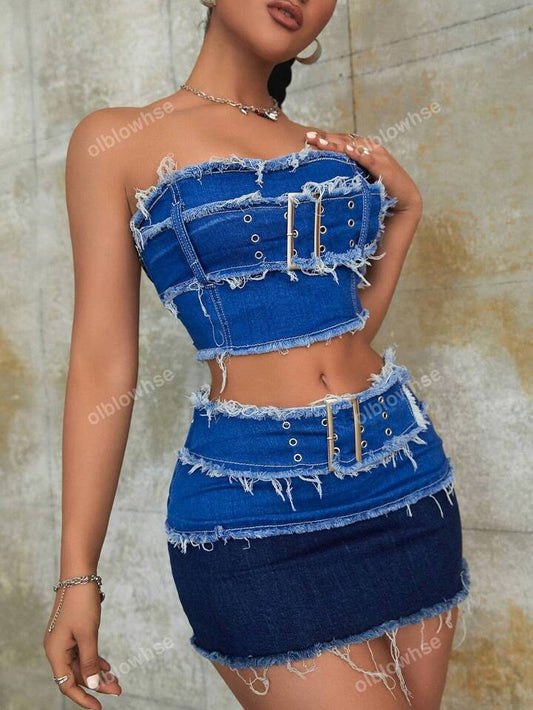 Denim two tone mini skirt set with belted top. Stretch material