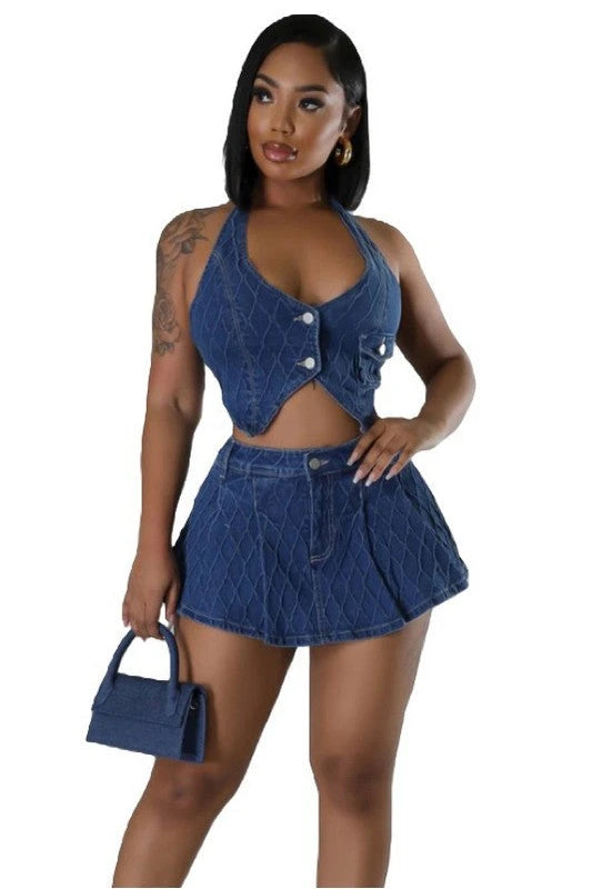 Denim 2pc skort set with embossed line details