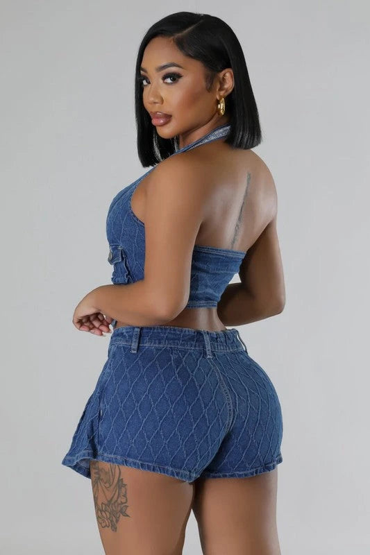 Denim 2pc skort set with embossed line details