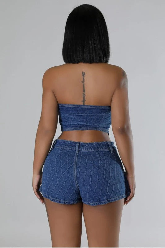 Denim 2pc skort set with embossed line details