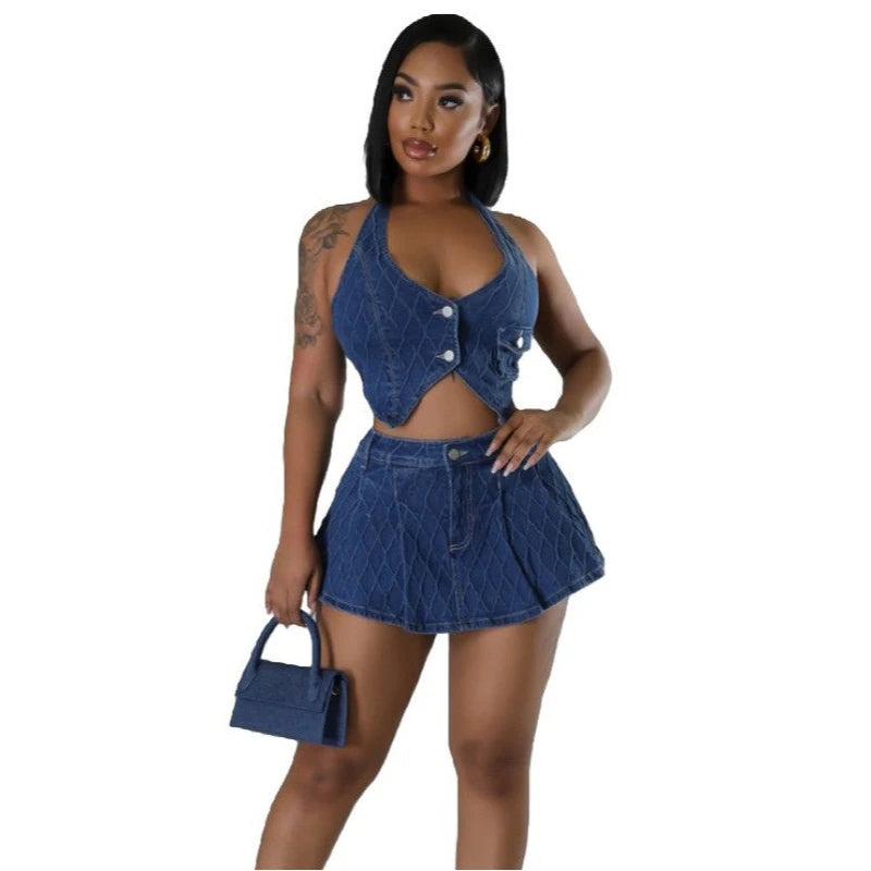 Denim 2pc skort set with embossed line details