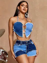 Denim Two-tone 2 pc short set with backless halter top .  Stretch Material