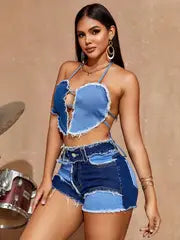 Denim Two-tone 2 pc short set with backless halter top .  Stretch Material