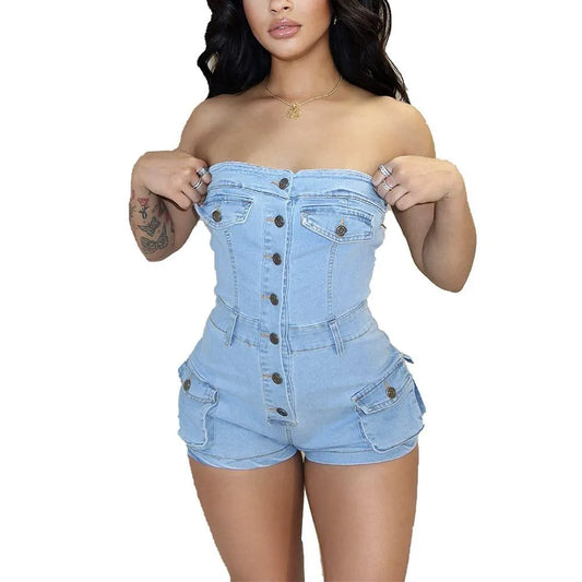 Denim Cargo Romper. Stretch material