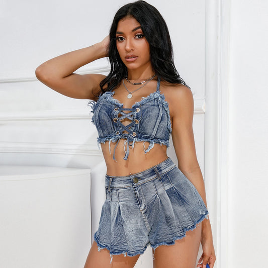 Denim two pc Bralet Top with stretch