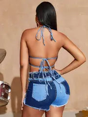 Denim Two-tone 2 pc short set with backless halter top .  Stretch Material