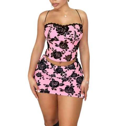 Pink and Black floral min skirt with Tube Top