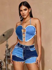 Denim Two-tone 2 pc short set with backless halter top .  Stretch Material